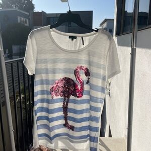 Tricotto Striped Flamingo Sequin Embellished Tee - size L